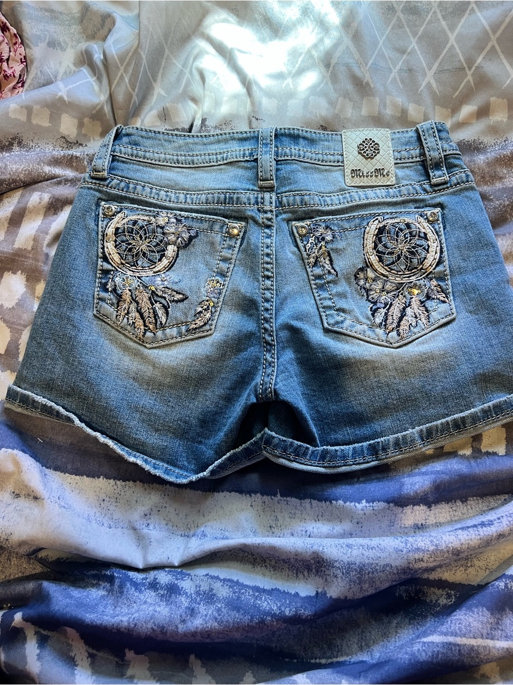 Miss Me Light Blue Denim Shorts with Embroidered Dreamcatcher Pockets